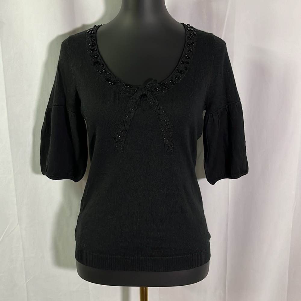 NWT LOFT Black Beaded Bow Detail Bell Sleeve Wool Blend Sweater
